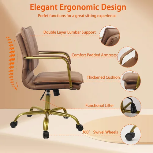 Miniatura 7 de CLATINA Sillas de Escritorio de Cuero para Oficina en Casa, Silla Giratoria de Respaldo Medio para Computadora con Patas y Brazos Dorados, Cómoda