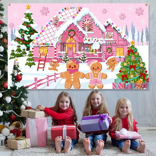 Miniatura 3 de Decoración de fondo navideño de pan de jengibre - Suministros festivos rosados alegres, accesorios de fotos de Candyland para decoración de letrero