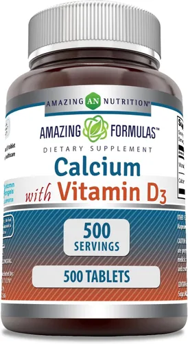 Amazing Formulas - Suplemento de calcio con vitamina D3 | Tabletas | Sin OMG | Sin gluten | Fabricado en Estados Unidos (1 paquete | 500 unidades)