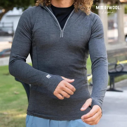 Miniatura 6 de MERIWOOL Sudadera con capucha para hombre, ligera, de lana merina, manga larga, térmica