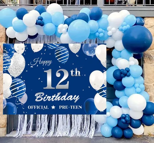 Miniatura 2 de Pancarta de fondo de 12 cumpleaños, color azul marino y plateado, fondo oficial de fotografía de cumpleaños de preadolescente de 12 años, póster