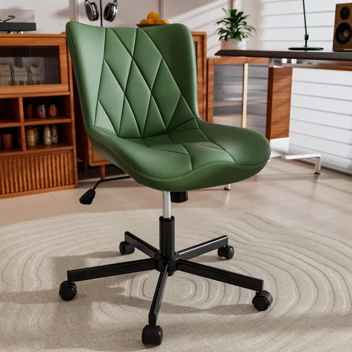 Miniatura 10 de Silla de escritorio sin brazos de cuero marrón, cojín ergonómico suave, altura ajustable, balanceo, oficina en casa