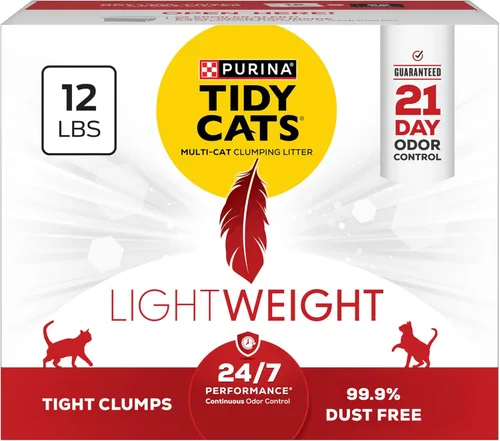 Purina Tidy Cats - Arena ligera para gatos, de bajo polvo, control de olores, rendimiento 24/7, para múltiples gatos - Caja de 12 libras