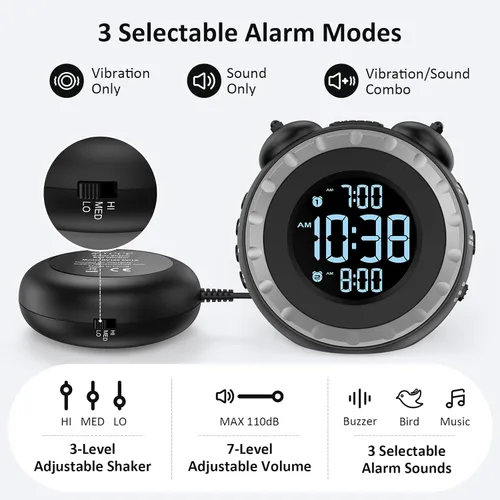 Miniatura 5 de uscce Reloj despertador fuerte dual con agitador de cama - Atenuador 0-100%, reloj despertador vibratorio para personas que duermen pesadas