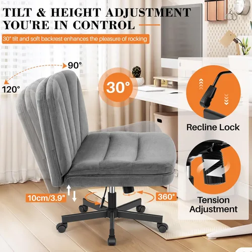 Miniatura 6 de FelixKing Silla Criss Cross con Ruedas, Silla de Oficina con Patas Cruzadas, Silla de Escritorio de Tocador Ancha sin Brazos con 2 Capas de gris