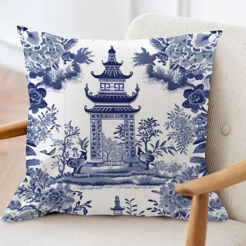 Miniatura 3 de ArogGeld Chinoiserie - Funda de cojín con diseño de pagoda asiática azul índigo, diseño cuadrado de flores y pagoda asiática, para oficina, silla
