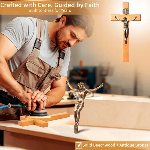 Miniatura 5 de ACHIBANG Crucifijo católico de madera de 10 pulgadas con medalla de Jesús y San Benito, decoración religiosa de madera natural para sala de oración