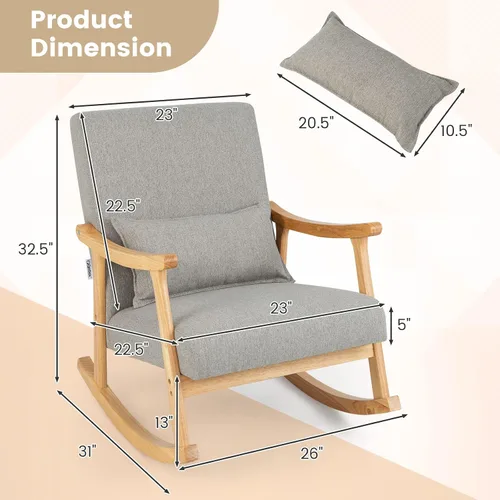 Miniatura 3 de Giantex Mecedora tapizada – Moderna mecedora con marco de madera de goma, cómodo respaldo y asiento, almohada acolchada de polipropileno, mecedora