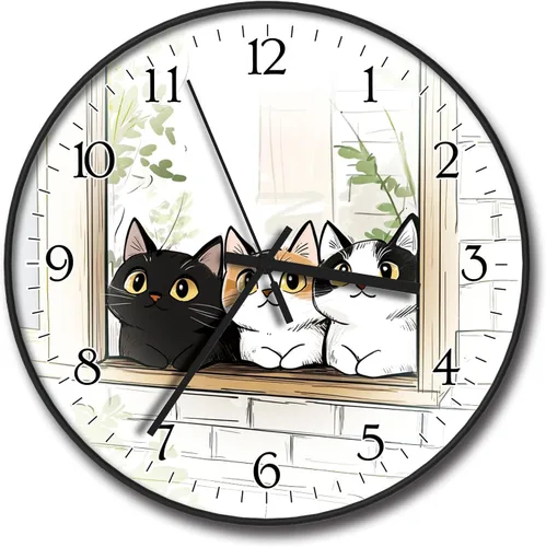 Miniatura 15 de Reloj de pared de plástico de 8 pulgadas con pilas, reloj de pared redondo decorativo, reloj de pared silencioso, patrón de gato 2269-Three Cat