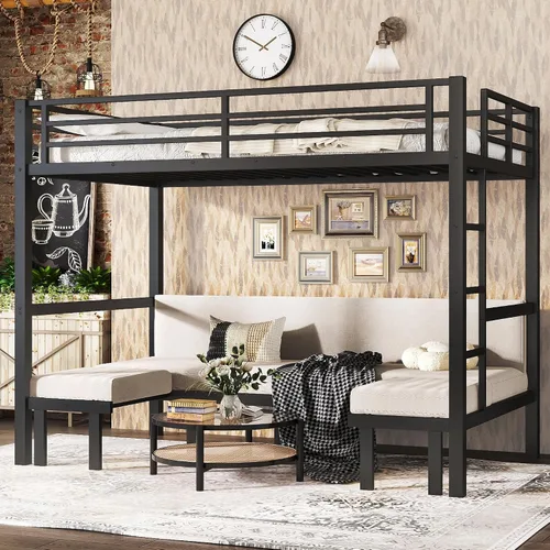Miniatura 23 de Litera de metal resistente de tamaño individual sobre matrimonial, con escalera integrada y barandilla de seguridad para niños, adolescentes