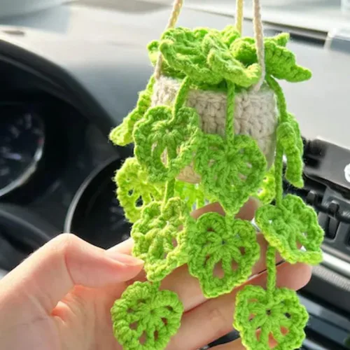 Miniatura 10 de Lindos accesorios para plantas de automóvil, accesorios de suspensión para espejo retrovisor tejido a mano con orquídeas en maceta de ganchillo B