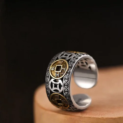 Miniatura 3 de Anillo de plata 925, anillo chino de la suerte con dinero antiguo, adecuado para joyas ajustables para hombres
