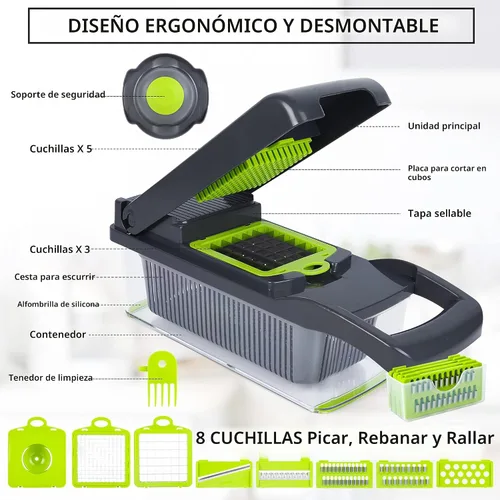Miniatura 7 de Cortador de verduras con mandolina, picador de verduras, multifuncional 10 en 1, cortador de verduras de cocina, picador de cebolla, queso, cesta