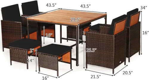 Miniatura 8 de HAPPYGRILL Juego de 9 piezas de comedor para patio al aire libre con asientos acolchados, mesa de comedor que ahorra espacio con mesa de madera