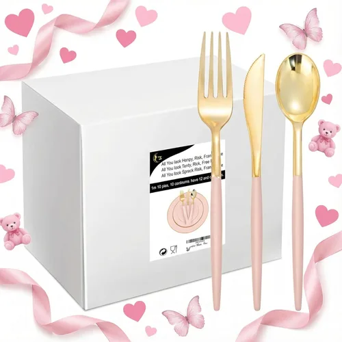 I00000 144 cubiertos de plástico rosa, cubiertos desechables dorados con mango rosa, juego de cubiertos de plástico dorado incluye: 48 tenedores, 48