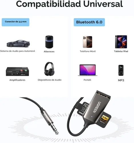 Miniatura 5 de UGREEN Adaptador auxiliar para automóvil Bluetooth 6.0 con LDAC, adaptador auxiliar de 0.138 in micrófono incorporado, receptor de audio Bluetooth