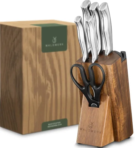 WALDWERK Juego de Cuchillos - Juego de Cuchillos de Cocina de 7 Piezas con Bloque y Afilador Integrado - Juego de Bloque de Cuchillos - Bloque de