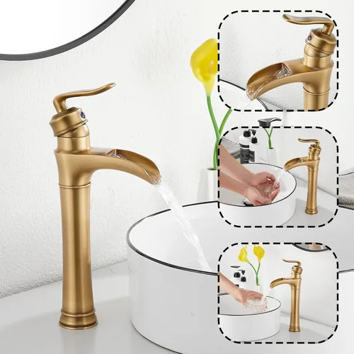 Miniatura 4 de Grifo de baño de cascada de latón antiguo GGStudy con una sola manija de un agujero, grifo de lavabo de baño a juego con drenaje desplegable