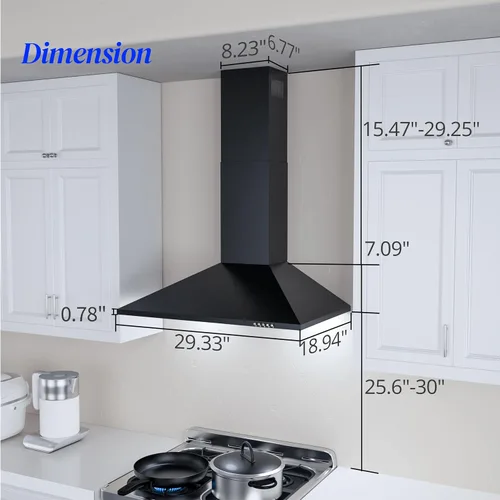 Miniatura 5 de FIREGAS Campana extractora negra de 30 pulgadas, campana extractora de montaje en pared con luces LED, ventilador de escape de 3 velocidades, Negro