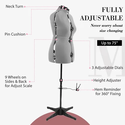 Miniatura 2 de Formas de vestido para costura, maniquí femenino gris ajustable talla 12-18, cuerpo de modelo que se puede sujetar con alfileres con 13 diales