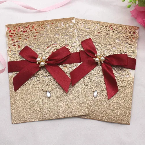 Miniatura 6 de AdasBridal 25 invitaciones de corte láser con purpurina dorada con tarjetas y sobres, diseño de diamante y cinta de lujo con inserto de papel perla