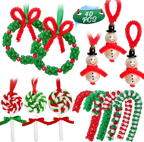 luck sea Kit de adornos de cuentas de 40 piezas de manualidades de Navidad, incluye 10 muñecos de nieve, 12 coronas, 8 bastones de caramelo, 10