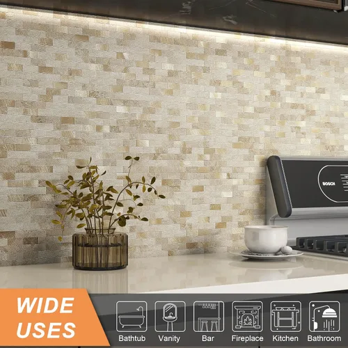 Miniatura 4 de VAOVI Adhesivo de pared de ladrillo con aspecto de mármol para despegar y pegar, azulejos de mosaico en muro de cocina y baño (5 hojas, mezcla beige)