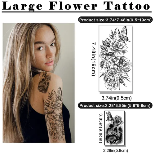 Miniatura 3 de 77 hojas de tatuajes temporales, tatuajes falsos realistas de medio brazo de león, lobo, búho, alce, serpiente, mariposa, rosa para niñas y niños