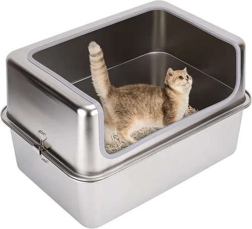 Cajas de arena de acero inoxidable XL para gatos con tapa de metal, bandeja de arena extragrande de 20 x 14 x 12 pulgadas con recinto de pared alta,