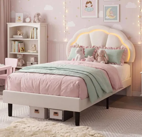 HIFIT Marco de cama LED inteligente tapizado individual con cabecera ajustable de pétalos elegantes, marcos de cama de plataforma tamaño individual