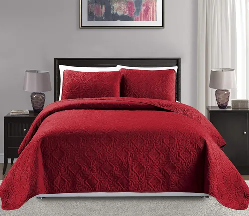 Mk Collection King/California King Tamaño Extra Grande 118"x106" Colcha de 3 Piezas con Diseño de Diamantes Cubre-Cama Relieve Rojo Sólido Nuevo