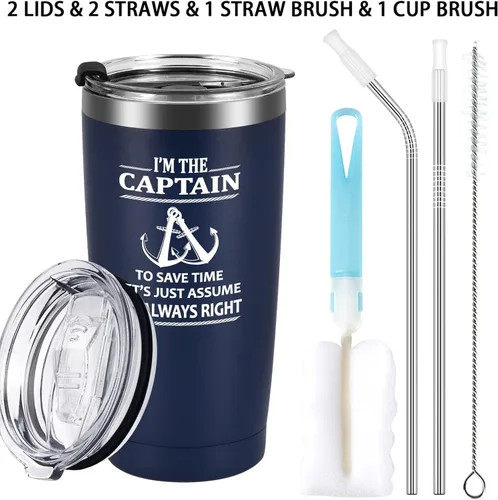 Miniatura 8 de Qtencas Vaso de viaje aislado de acero inoxidable con texto en inglés "I'm The Captain & I'm Always Right", regalos de navegación para hombres, día