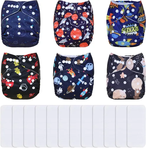 Miniatura 25 de TDIAPERS Pañales de tela reutilizables, lavables, de bolsillo, talla única, ajustable para pañales de tela a presión, paquete de 6 con 6 insertos