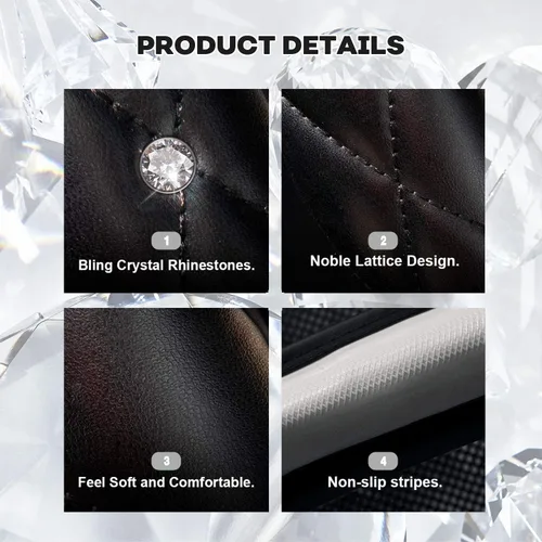 Miniatura 3 de Bonita funda negra brillante para volante de automóvil, suave, transpirable, antideslizante, de piel sintética, con diamantes de imitación