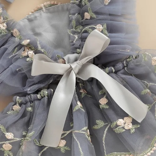 Miniatura 7 de Comoraecos Vestido mameluco de encaje floral para bebé, vestido de princesa con bordado de tutú y mangas para atar, sin espalda, vestido de princesa