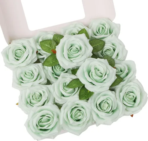 Rosas artificiales, rosas artificiales, rosas artificiales de seda con tallos para ramos de boda, mesas de fiesta, centros de mesa, arreglos Verde