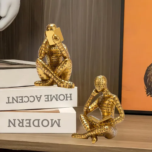 Miniatura 2 de Estatua de Pensador de Lectura Dorado Antiguo, Juego de 2 Decoración de Estantería Arte Abstracto Esculturas de Pensador, Figurilla Estética Moderna