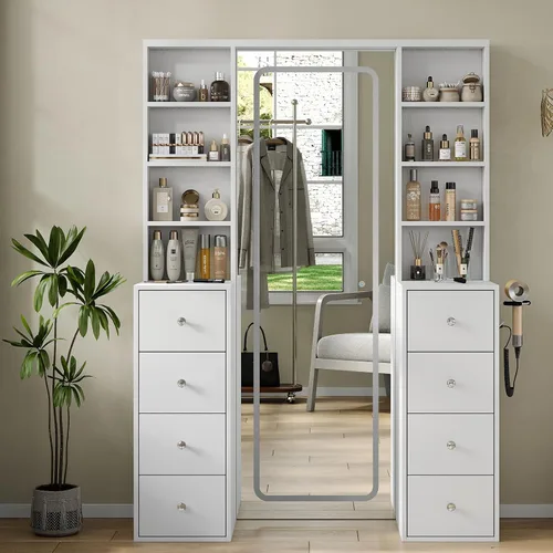 Miniatura 2 de Yanosaku Espejo LED de longitud completa de 47 x 65 pulgadas con toma de corriente, 8 cajones y 8 estantes para dormitorio/guardarropa, regulable e