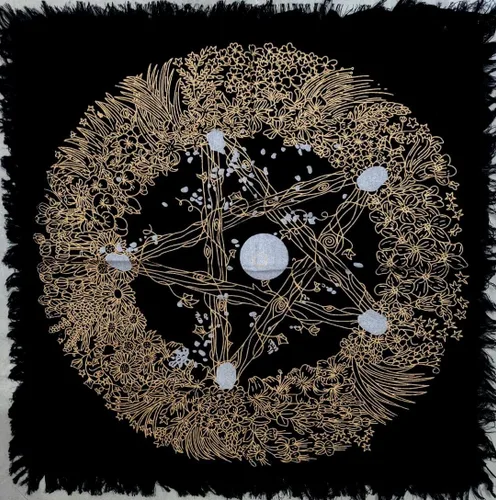 Miniatura 24 de CRAFT KALA Tela de altar planetas espirituales, estrellas rituales y galaxia, hermoso sistema solar, sistema solar, oro y plata, 24 x 24 pulgadas