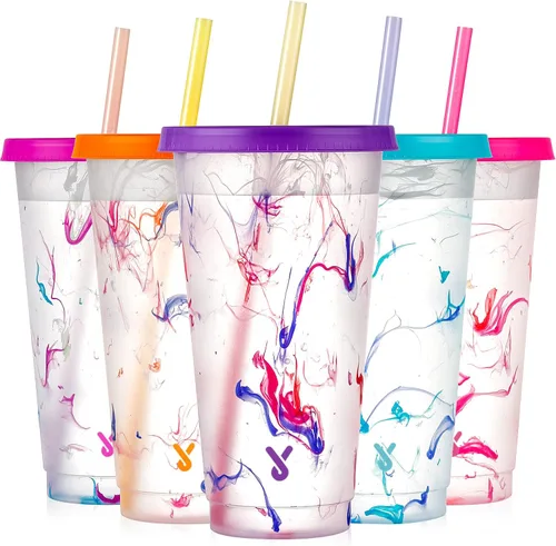 Meoky Vasos fríos que cambian de color con tapas y popotes, paquete de 5 vasos de plástico de 24 oz a granel, reutilizables para fiestas de niños y