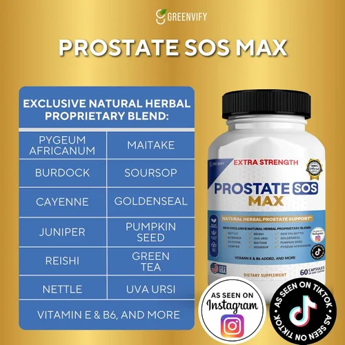Miniatura 4 de Suplemento SOS Max para próstata, 60 cápsulas, complejo herbario natural con palma enana, vitamina E, B6, suministro para 30 días