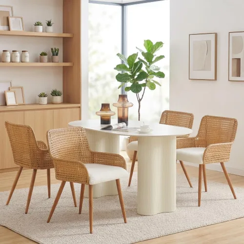 Miniatura 7 de Juego de 4 sillas de comedor de ratán, sillas modernas tapizadas de bouclé para cocina con respaldo de caña de PE y patas de metal