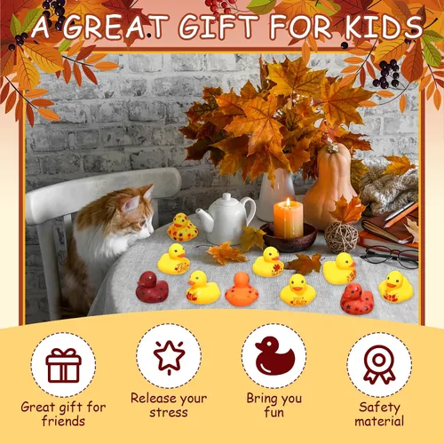 Miniatura 5 de Hiboom Patos de goma de Acción de Gracias de 1.38 pulgadas, patos de goma de otoño con patrones de hojas de calabaza, juguetes de bañera
