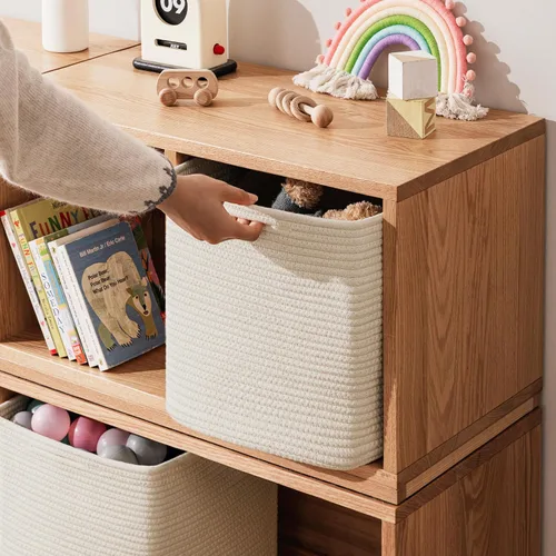 Miniatura 6 de joybest Juego de 4 cubos de almacenamiento de 11 pulgadas, canasta organizadora tejida de cuerda de algodón para estantes, cubos cuadrados, Beige