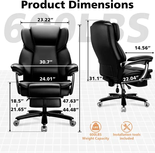 Miniatura 3 de Silla de oficina grande y alta de 600 libras para personas pesadas, silla de escritorio de oficina ejecutiva resistente y cómoda con soporte lumbar