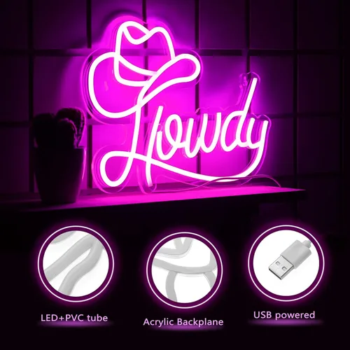 Miniatura 3 de Riakrum Sombrero de vaquero Howdy letrero de neón para decoración de pared, iluminación Y2k, luz de neón LED, decoración de habitación de vaquera