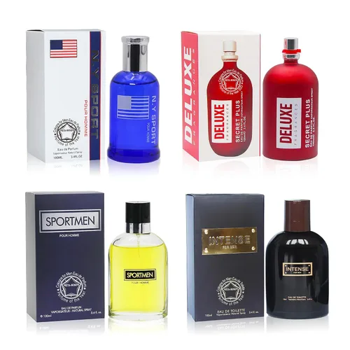 Juego de 4 fragancias de colonia para hombre (NY Sport+Deluxe+Sportmen+Intense para hombres), fragancia Eau de Parfum en aerosol, aroma masculino