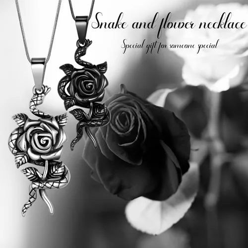 Miniatura 8 de Collar con colgante de corazón de rosa de serpiente, joyería gótica de acero inoxidable para mujer, serpiente animal, cobra, uroboros