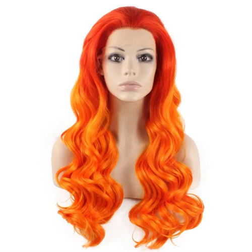 Mxangel Peluca larga ondulada de dos tonos rojo naranja ombré tono medio atado a mano resistente al calor fibra Ombre naranja elegante ondulado Red