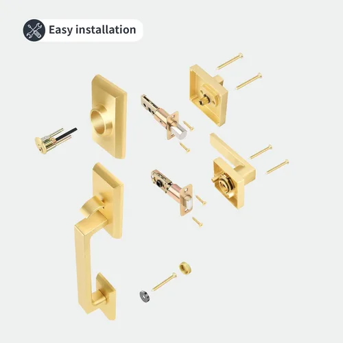 Miniatura 6 de Juego de manijas de puerta delantera de color dorado cepillado, juego de cerradura de puerta exterior con cerrojo de un solo cilindro, reversible